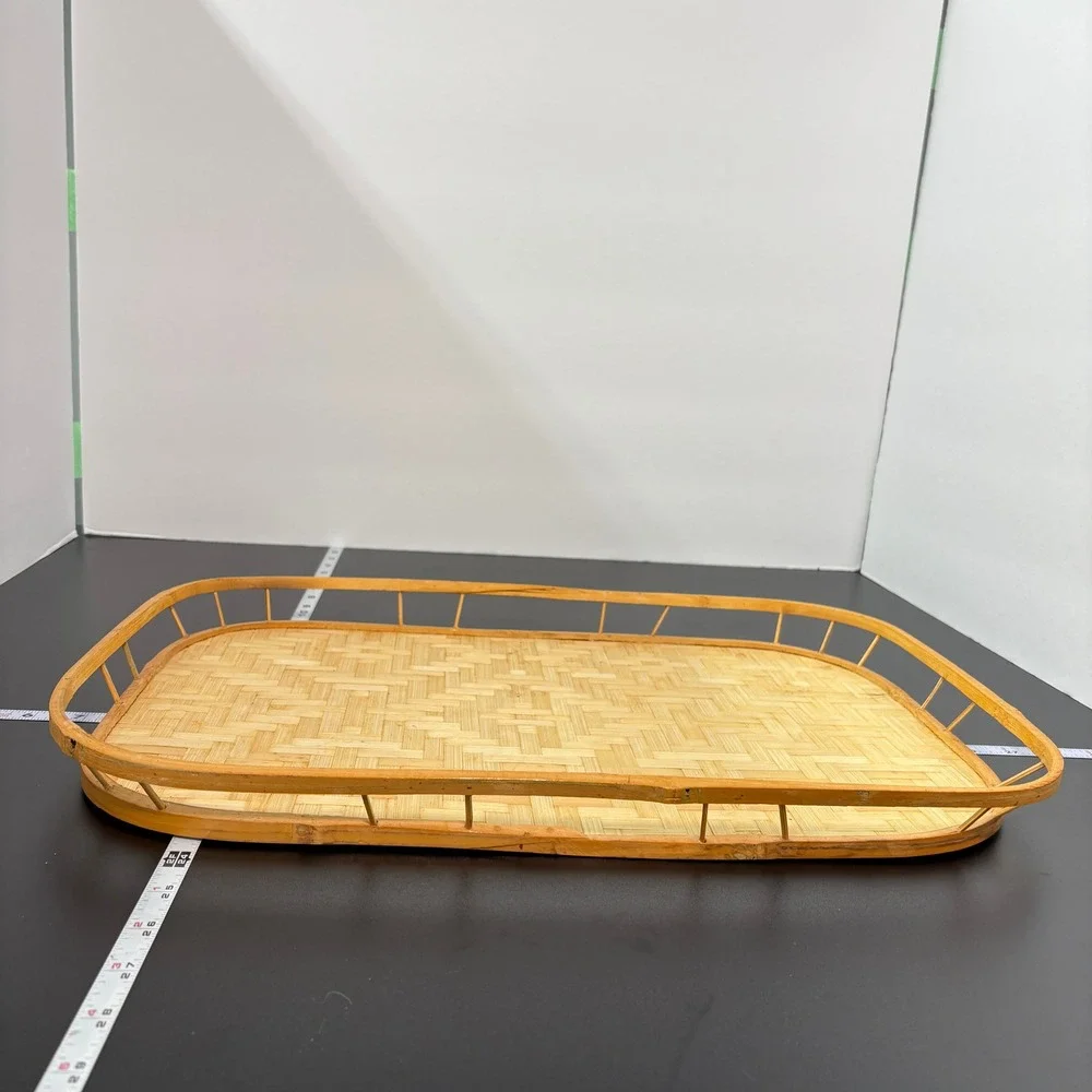 Woven Bamboo Serving Tray 16x11 Tan Boho Coastal Home Decor Style Layer Natural